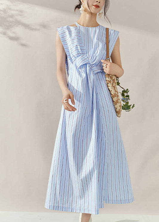 Fine Blue Striped Asymmetrical Side Open Long Dress Summer