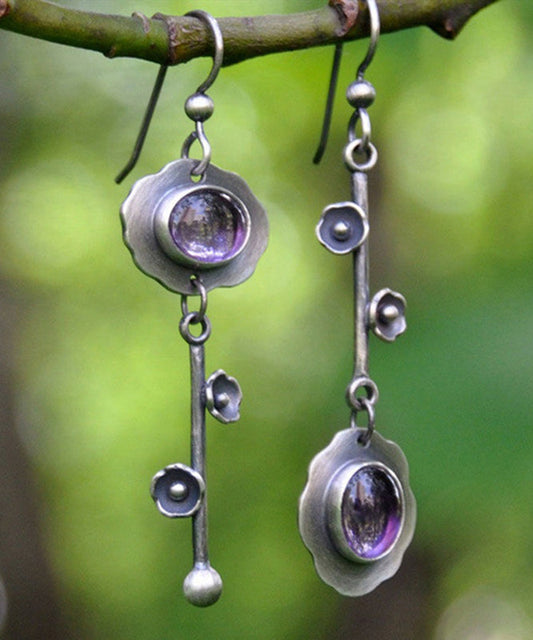 Vintage Purple Sterling Silver Crystal Gem Stone Key Drop Earrings
