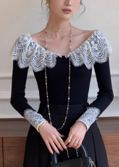 Slim Fit Black Lace Patchwork Cotton T Shirt Fall