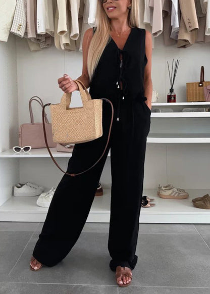 Women White Lace Patchwork Tie Waist Linen Vest And Wide Leg Pants Two Pieces Set Summer