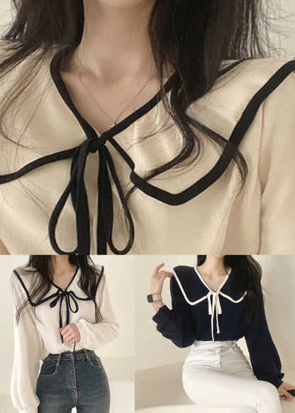 French White Peter Pan Collar Solid Cotton Shirt Long Sleeve