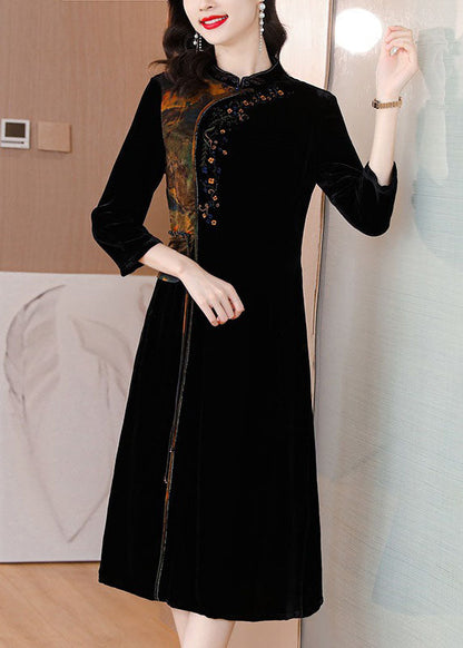 Bohemian Black Print Embroidered Tassel Silk Velour Maxi Dresses Fall