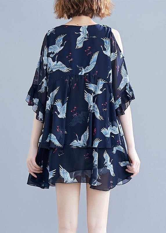 Chic navy print chiffon dresses Vintage Outfits v neck Ruffles Summer Dresses