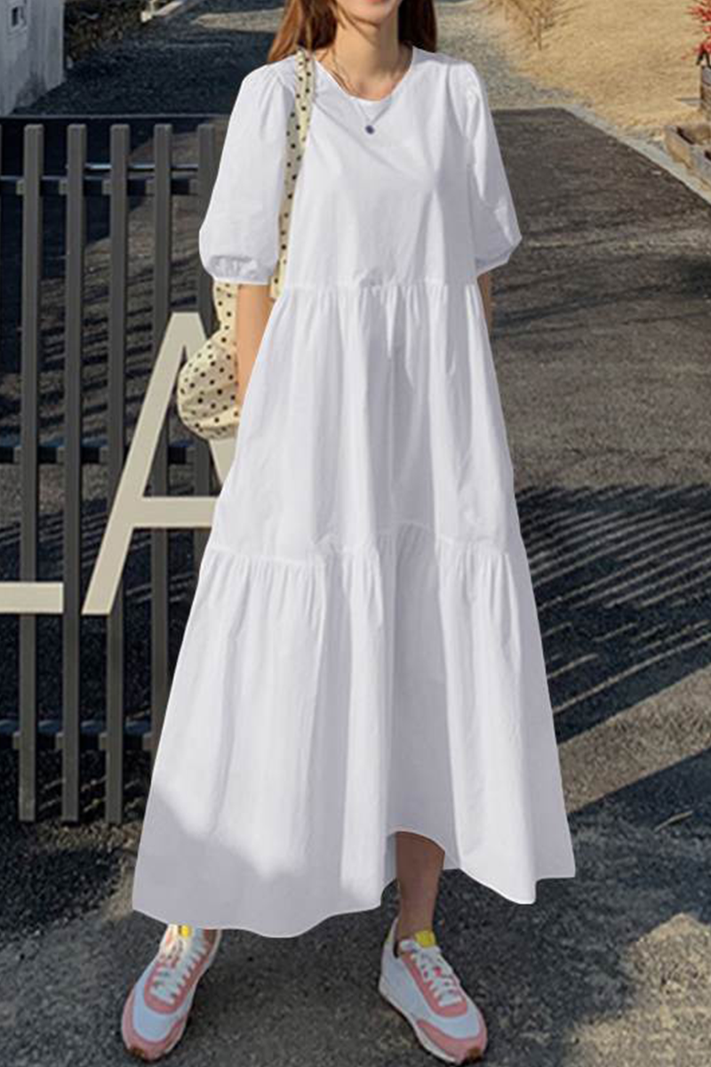 Casual Solid Patchwork Buttons O Neck Cake  Dresses