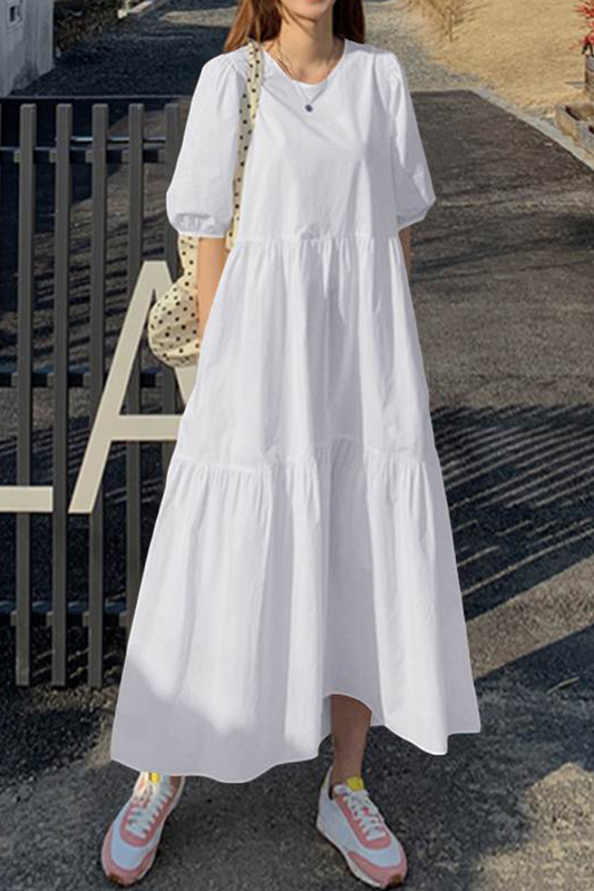 Casual Solid Patchwork Buttons O Neck Cake  Dresses