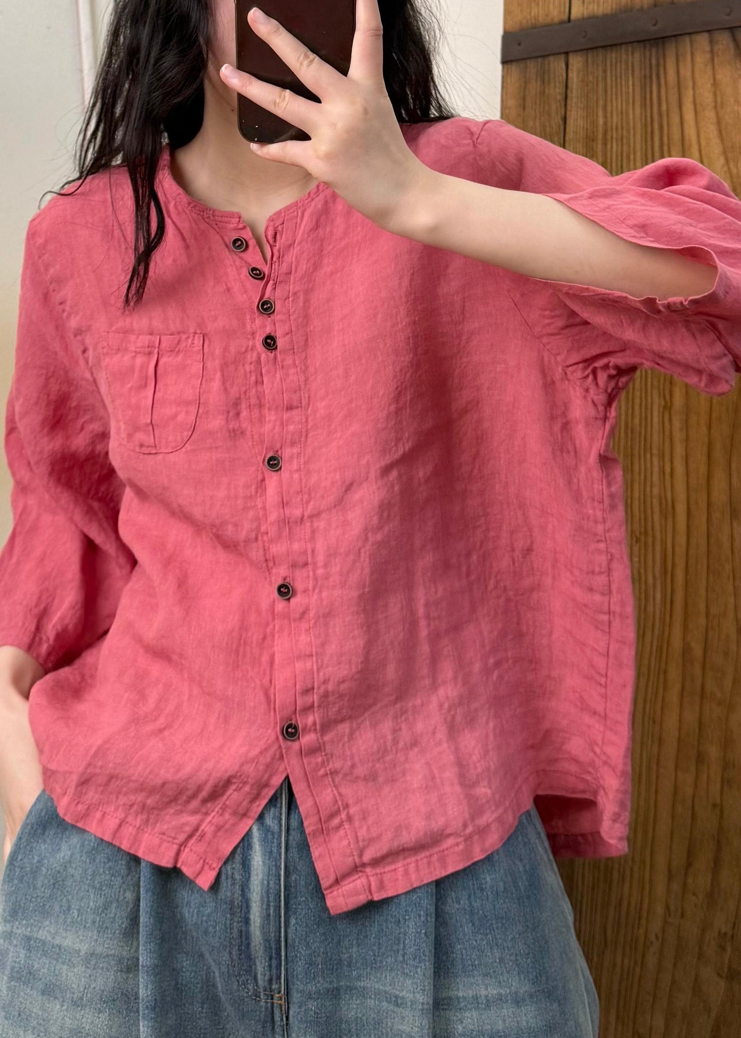 Women Linen Color O Neck Button Cotton Blouses Fall
