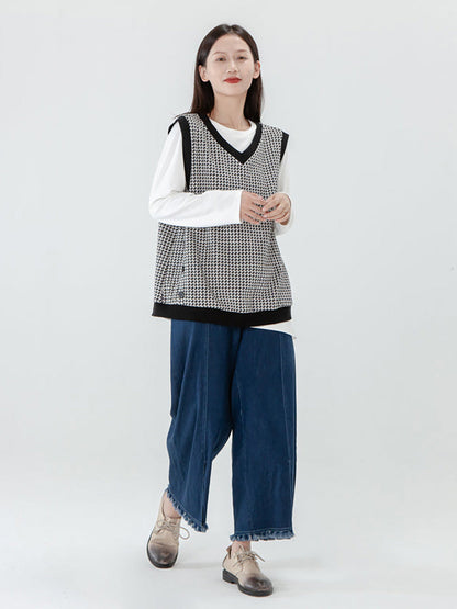 Plus Size - Women Plaid Knitted Vest Pullover Sweater