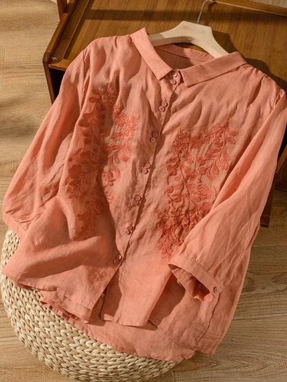 Embroidered 3/4 Sleeve Casual Linen Shirt Top