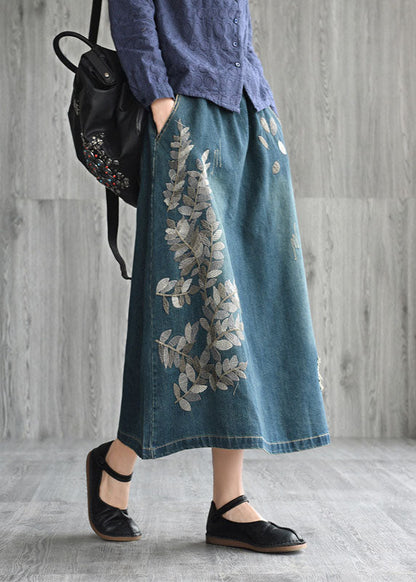 Natural Dark Blue pockets Embroideried Cotton denim Skirts