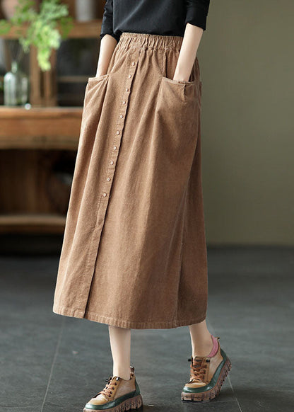 Women Khaki elastic waist button Pockets Corduroy Skirts