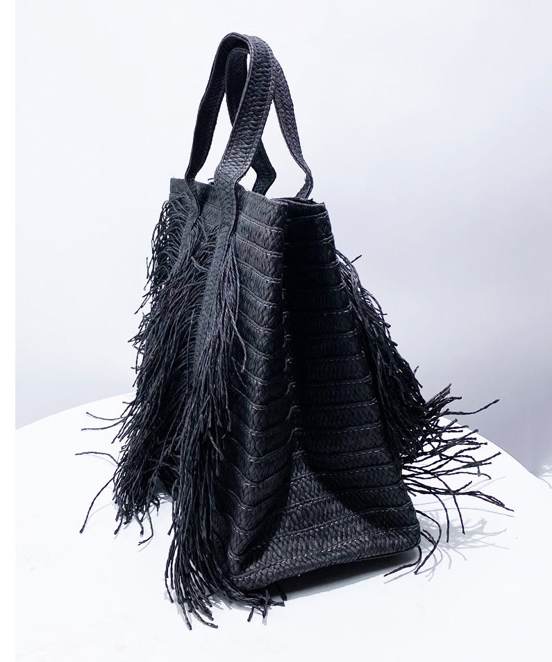 Elegant Black Tasseled Weave Faux Leather Shoulder Bags