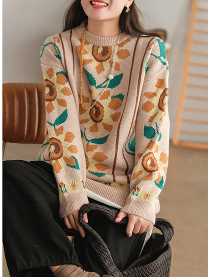 Women Floral Knitted O Neck Long Sleeve Sweater