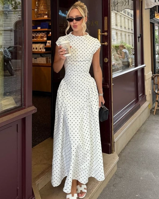 French Vintage Polka Dot Stand Collar Waist-Cinching Flare Maxi Dress | Elegant Commuter Slimming A-Line Dress