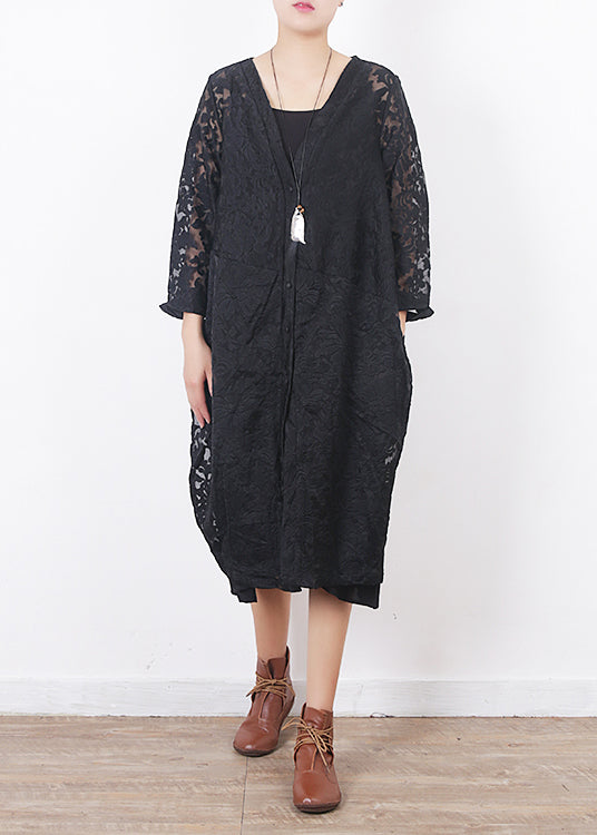 French black lace clothes For Women Omychic Work Outfits v neck loose summer hollow out cardigan