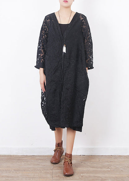 French black lace clothes For Women Omychic Work Outfits v neck loose summer hollow out cardigan