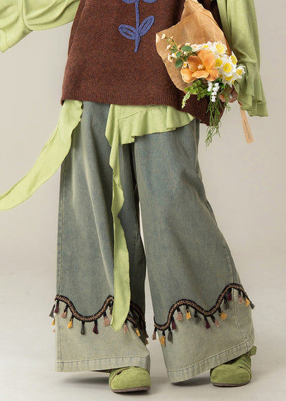 Vintage Blue Tasseled High Waist Patchwork Denim Wide Leg Pants Fall