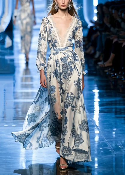 Bohemian Blue Print Draping Silk Vacation Dresses Summer
