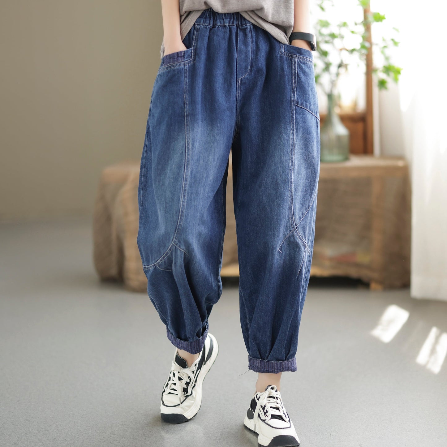 Summer Autumn Loose Casual Retro Patchwork Cotton Jeans