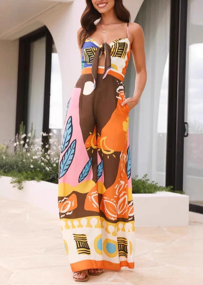 Women V Neck Print Jumpsuit Summer