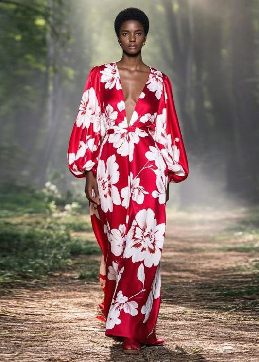 Elegant Red V Neck Print Sexy Silk Ankle Dress Spring