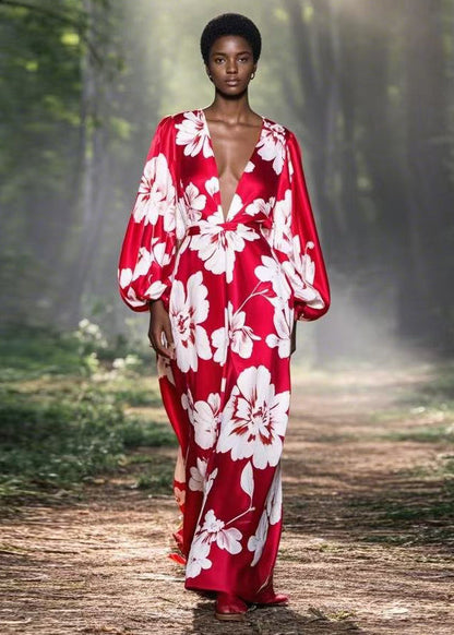 Elegant Red V Neck Print Sexy Silk Ankle Dress Spring