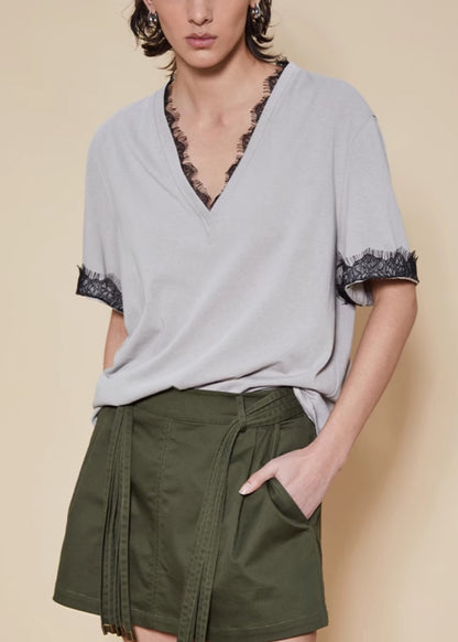 Grey Lace Solid Cotton T Shirt V Neck Short Sleeve