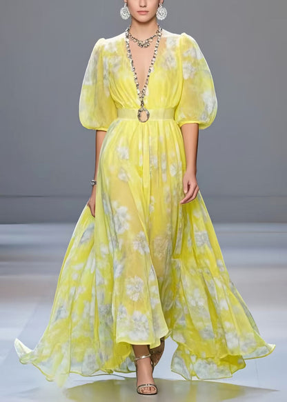 Fashion Yellow Cinched Print Chiffon Vacation Dresses Half Sleeve