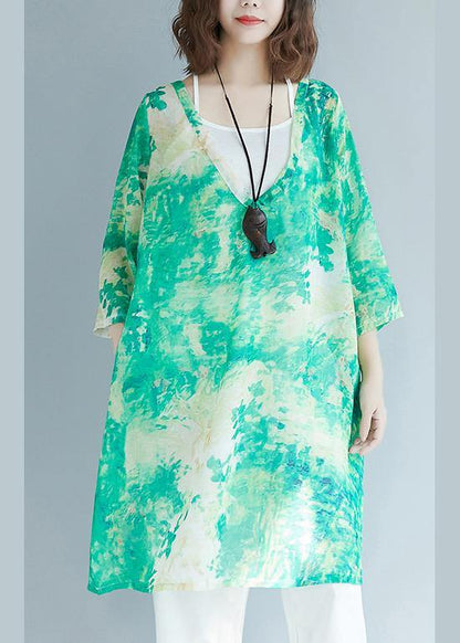 Organic Green Print Shirts V Neck Pockets  Blouses
