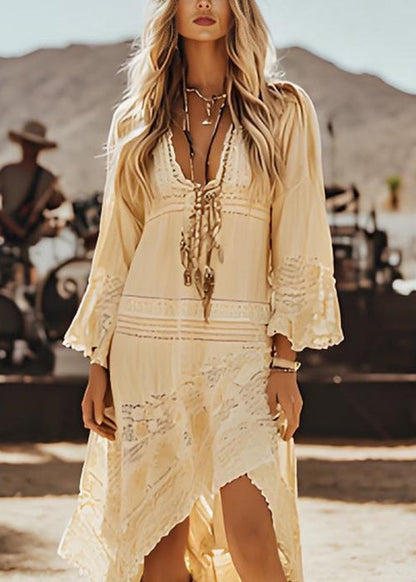 Women Beige Asymmetrical Lace Patchwork Cotton Dresses Spring