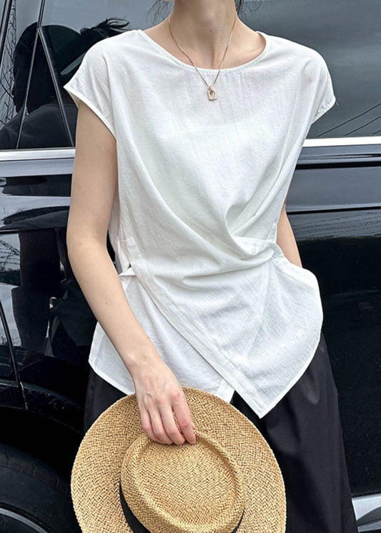 Natural White O-Neck Wrinkled Top Summer