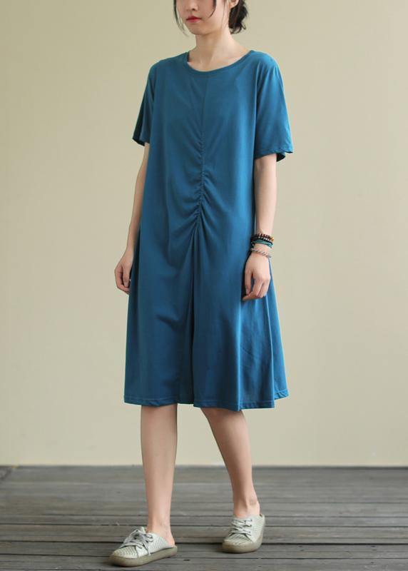 Bohemian o neck Cinched Cotton summer dress Sewing blue Dresses