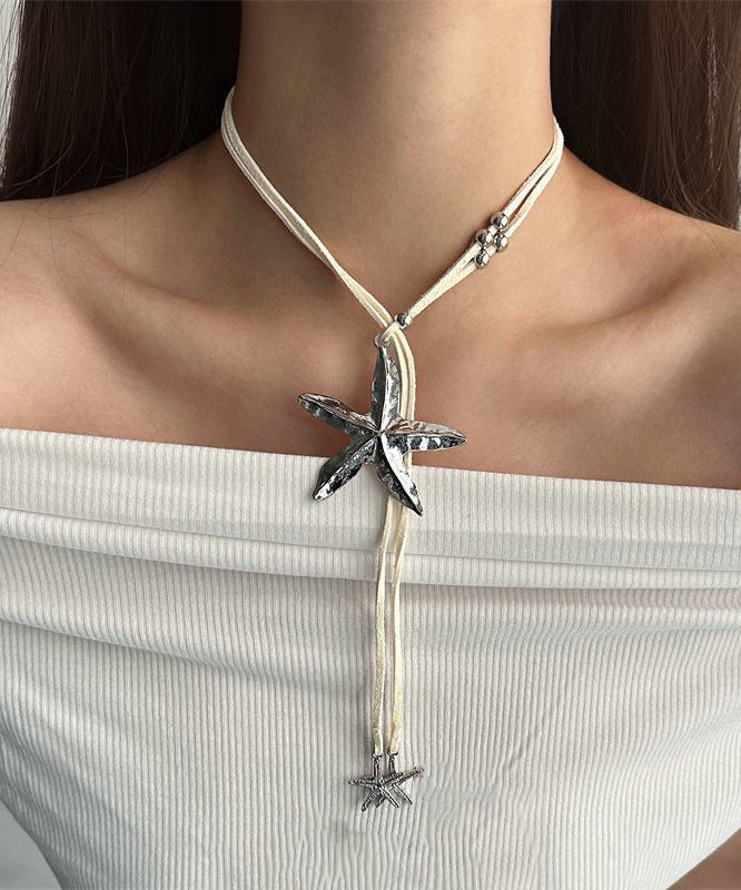 Bohemian Light Yellow Alloy Leather Starfish Pendant Necklace