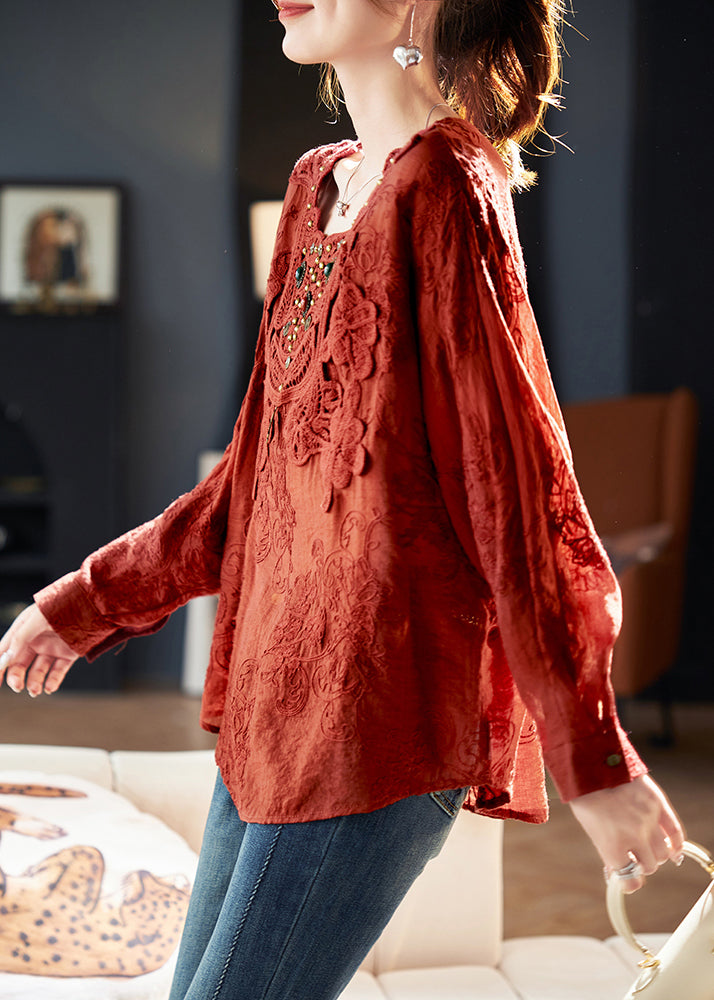 2025 New Red Square Collar Embroidered Cotton Tops Spring