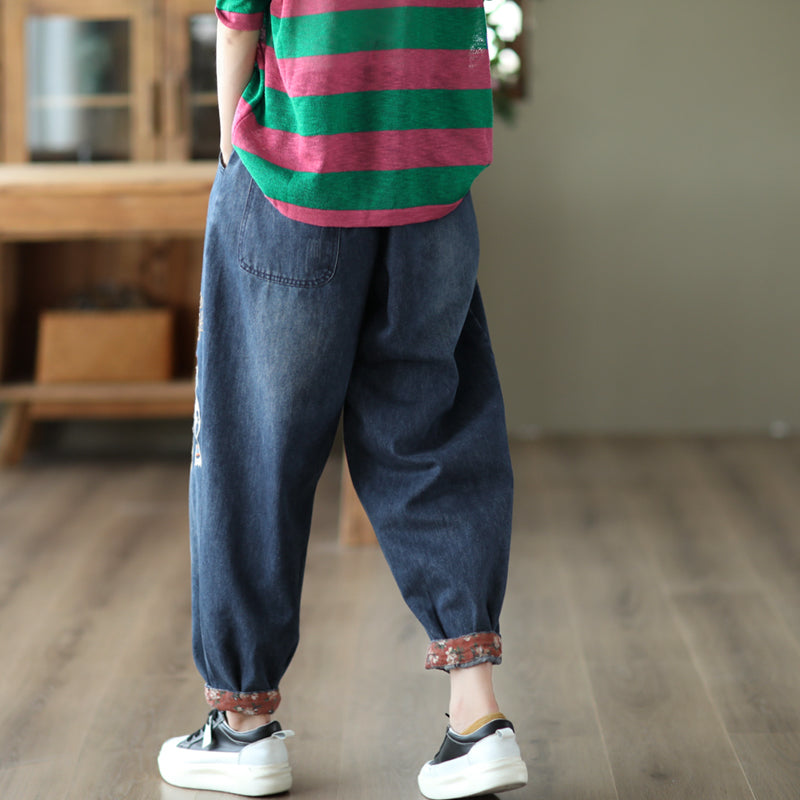 Retro Embroidery Summer Autumn Casual Cotton Jeans