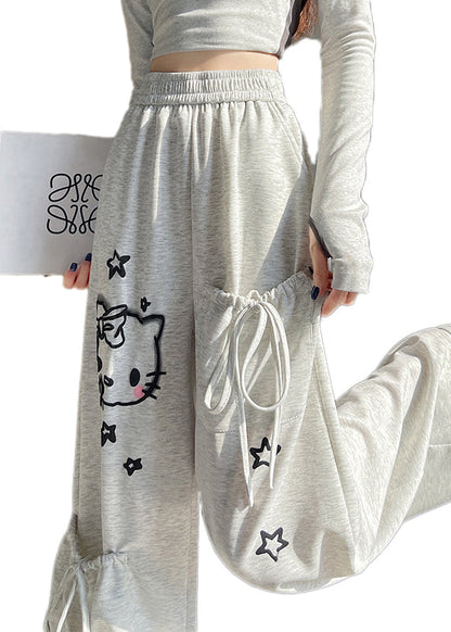 Casual Light Grey Elastic Waist Print Pockets Cotton Pants Fall