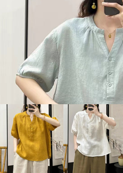 White Button Solid Linen Summer Shirts V Neck