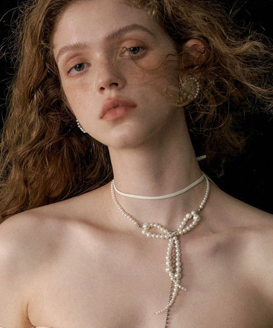 Fashion White Alloy Pearl Bow Chain Tassel Double Pendant Necklace