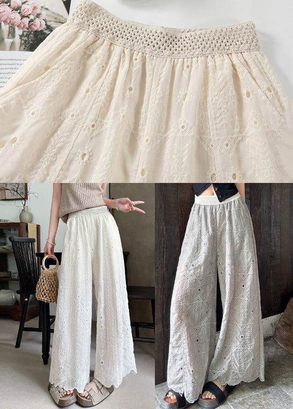 Boho White Embroidered Hollow Out Cotton Pants Summer