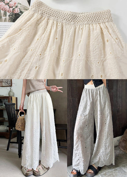 Boho White Embroidered Hollow Out Cotton Pants Summer