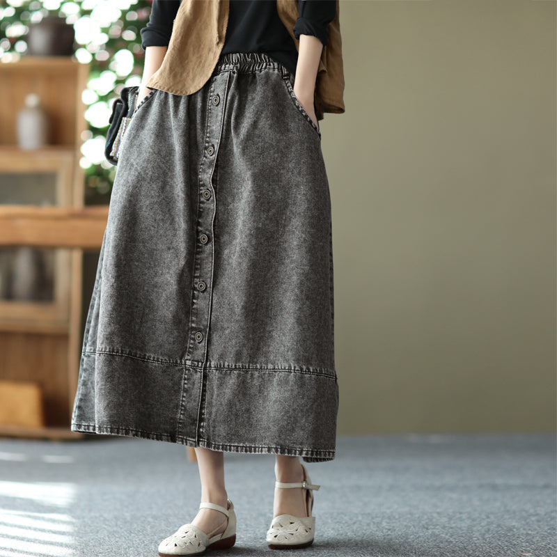Retro Cotton Patchwork A-Line Split Denim Skirt