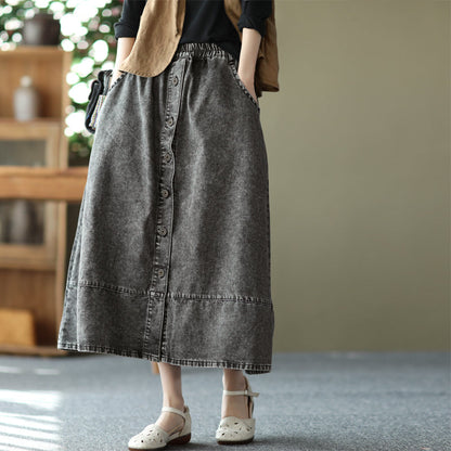 Retro Cotton Patchwork A-Line Split Denim Skirt
