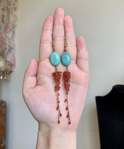 Casual Red Sterling Silver Overgild Turquoise Pomegranate Tassel Drop Earrings