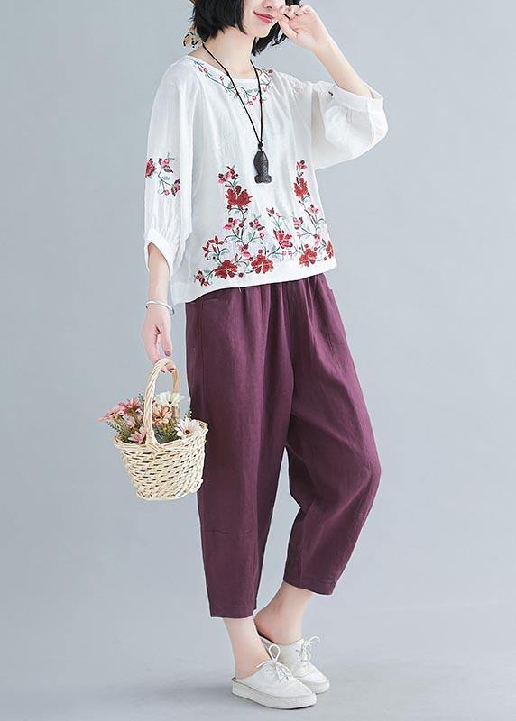 Chic White Embroideried Shirt Summer Cotton Linen