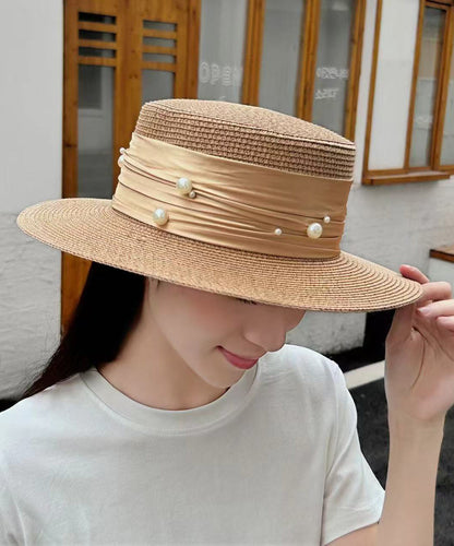 Fashion Fine Khaki Nail Bead Straw Woven Cloche Hat