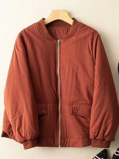 100% Natural Fabric Solid Zipper Round Neck Long Sleeve Coat