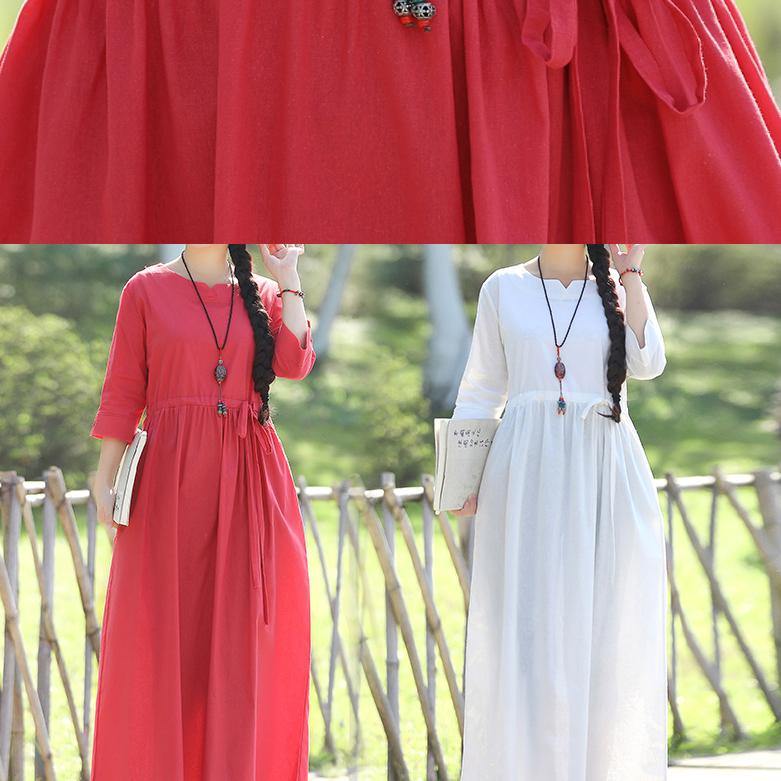 Elegant red linen cotton dresses Indian pattern v neck Three Quarter sleeve Love Summer Dress