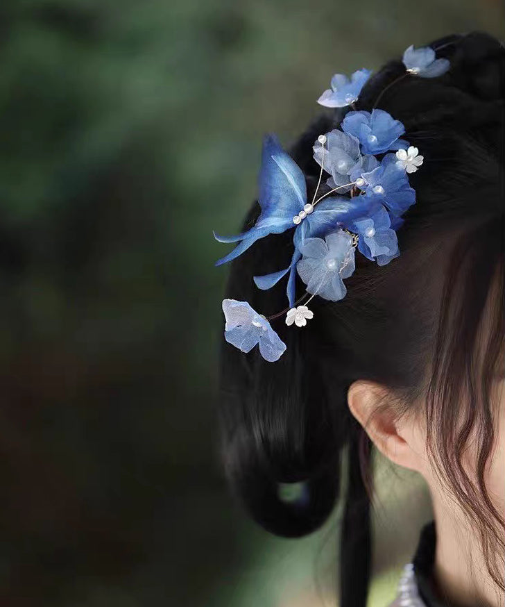 Vintage Blue Alloy Pearl Butterfly Floral Tassel Hairpin