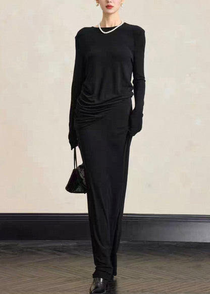 Simple Black O Neck Tops And Skirts Solid Cotton Two Pieces Set Fall