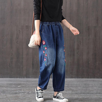 Autumn Loose Embroidery Harem Denim Trousers