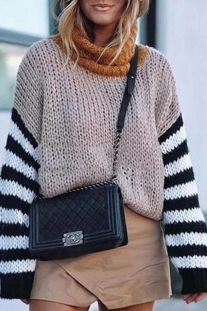 Turtleneck Striped Sleeve Print Sweater